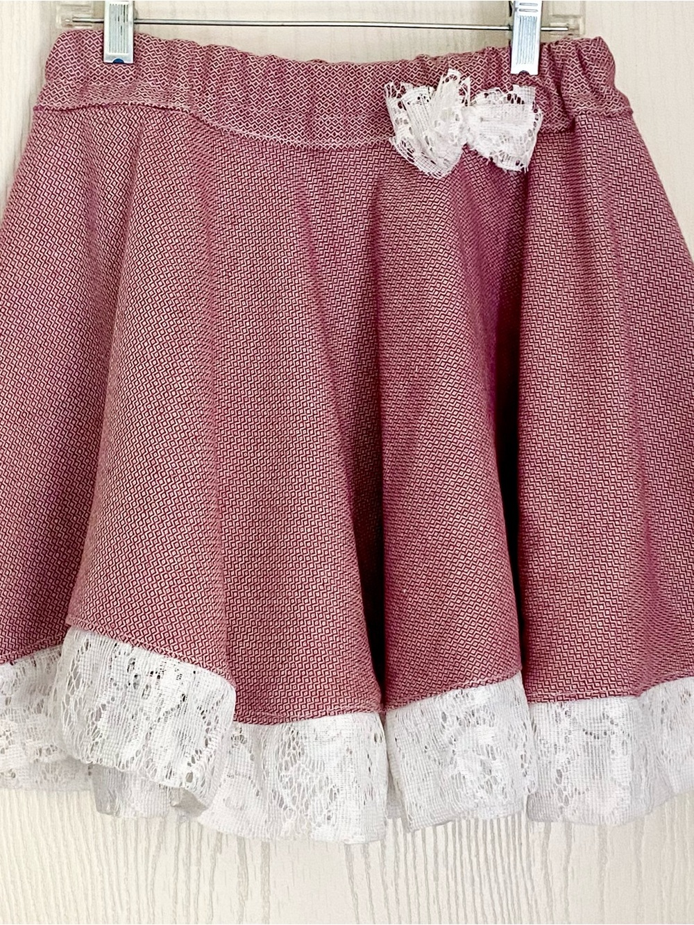 Red Mini Skirt with White Lace Trim Upcycled